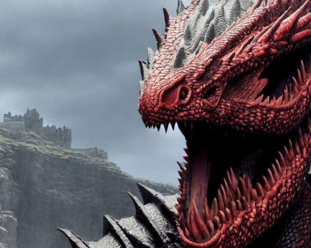 Red dragon with horns and scales on cliffside with castle silhouette