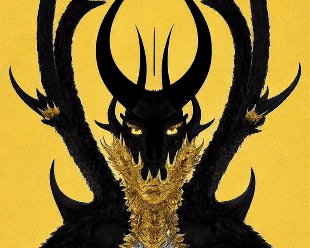 Symmetrical dark dragon creature with golden details on yellow background