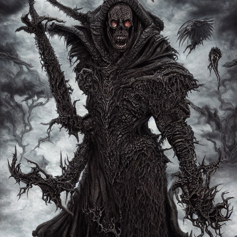 Sinister skeletal figure in dark robe with staff and winged creatures