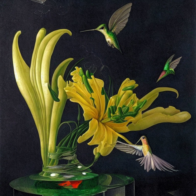 Realistic painting: Three hummingbirds with yellow lilies in vase