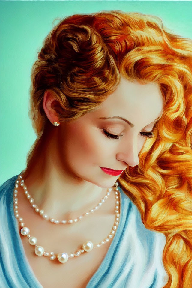 Portrait of Woman with Long Curly Red Hair and Pearl Necklace in Serene Contemplation