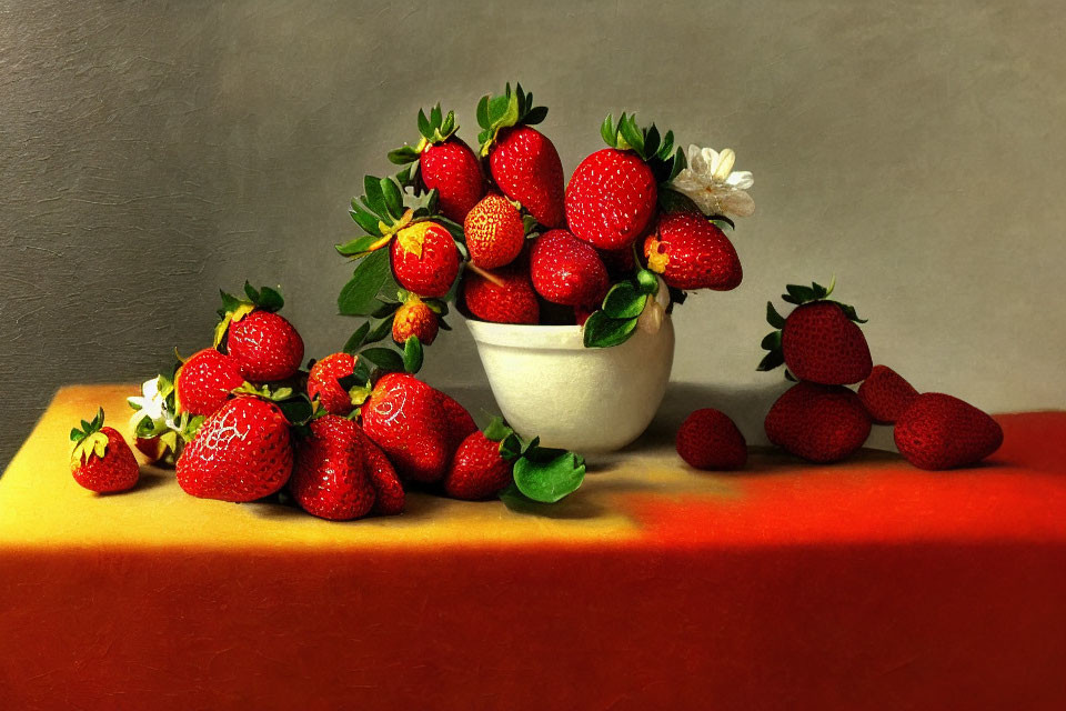Ripe strawberries in a bowl on orange table against grey backdrop