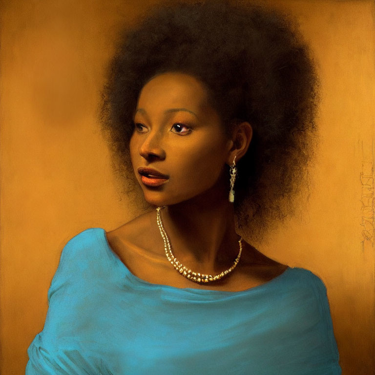 Portrait of woman with afro in blue top and pearls on gold backdrop
