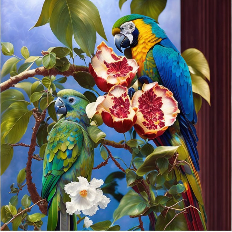 Colorful macaws on branch with lush foliage and flowers against blue sky