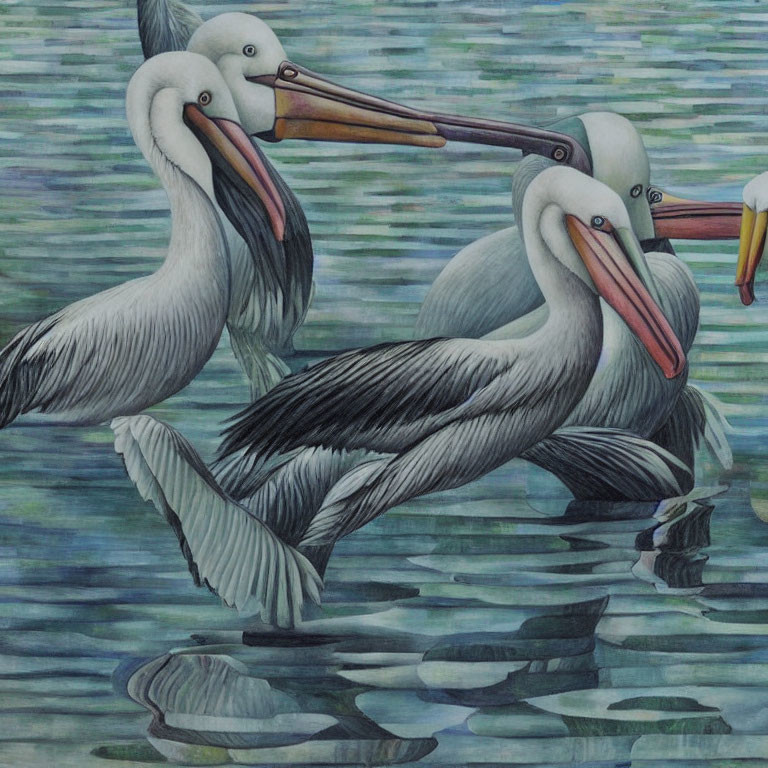 Three Pelicans Floating on Water with Ripples, Foreground Pelican Holding Fish