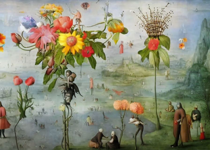 Surrealistic painting of fantastical blooms and tiny human figures