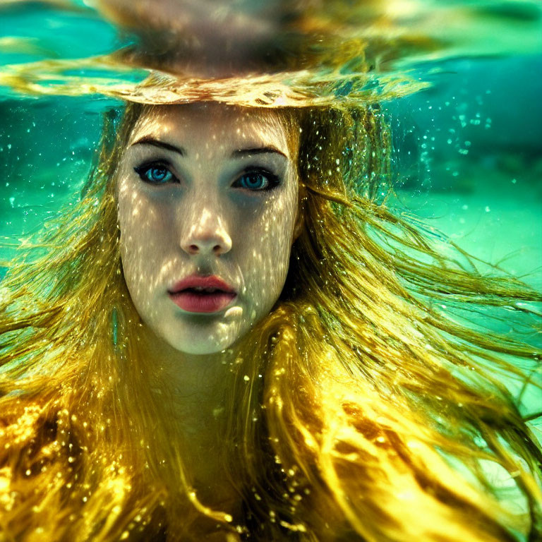 Blonde woman with blue eyes underwater and light reflections