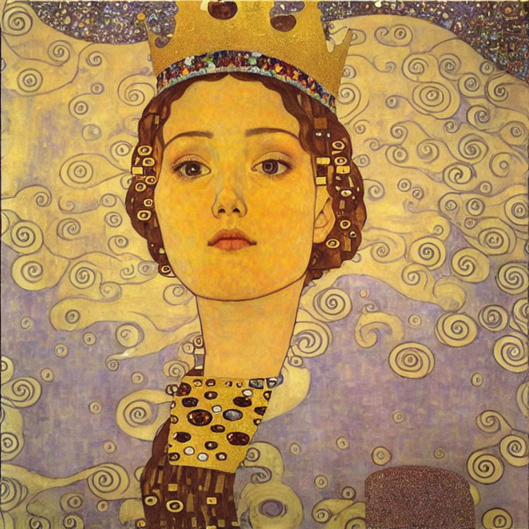 Portrait of woman in golden crown with embellished attire on swirl-patterned background