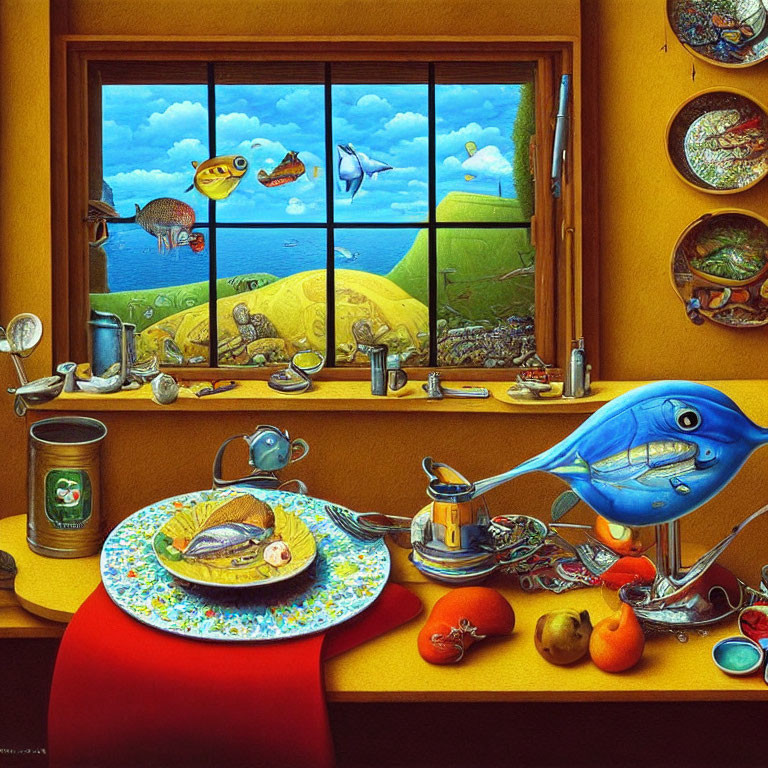 Vibrant surrealist painting of kitchen scene with anthropomorphic fish and blue bird.