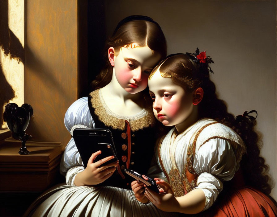 Classical Attired Girls Viewing Smartphone with Natural Light Contrast