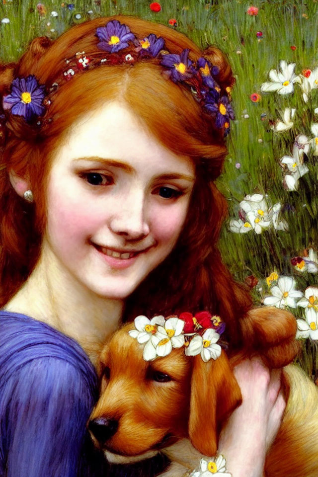 Smiling girl with red hair holding puppy in flower-filled scene