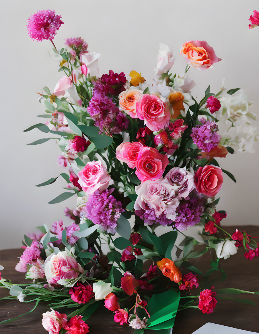 Colorful Mixed Flower Bouquet with Pink Roses, White Lilies, and Purple Blooms on Table