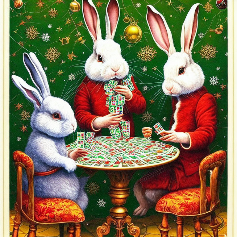 Three rabbits playing Mahjong in holiday-themed setting