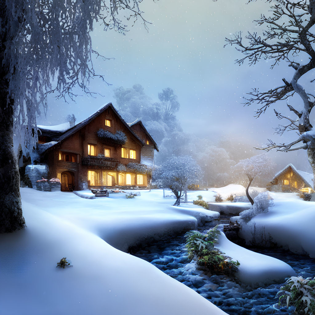 Snow-covered cottage by stream in serene winter scene