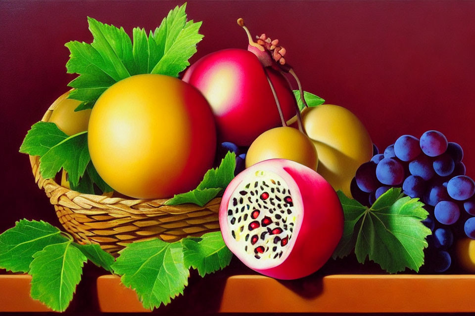 Colorful still life painting with wicker basket and assorted fruits.