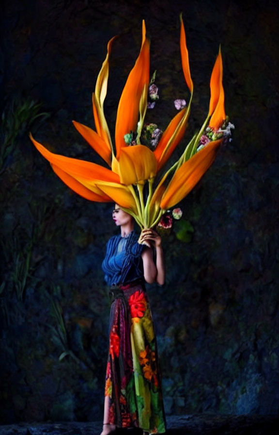 Person in Floral Dress Holding Oversized Bird-of-Paradise Flower