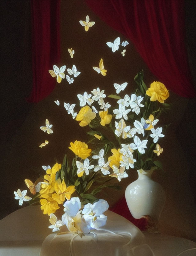 Yellow Flowers in White Vase with White Butterflies and Red Curtains