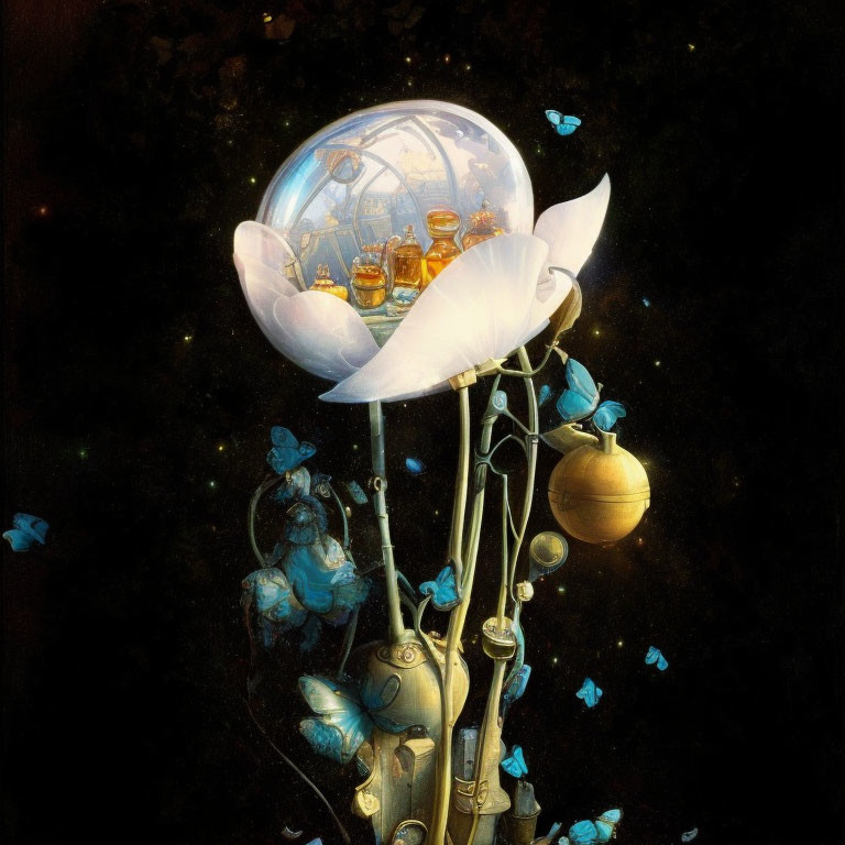 Robotic arm holding celestial globe with butterflies