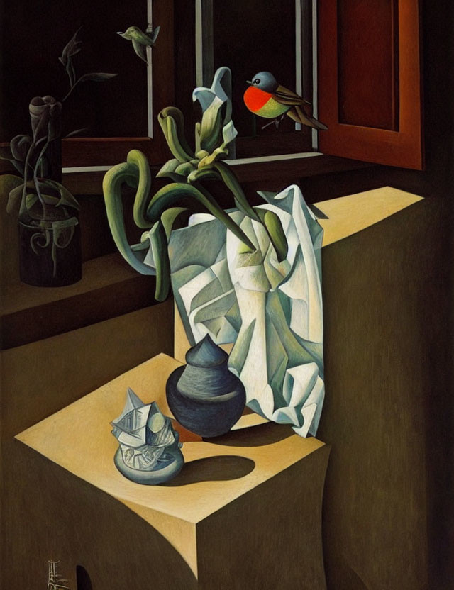 Surrealist painting with robin, distorted tulips, cloth, vase, and paper boat in dark