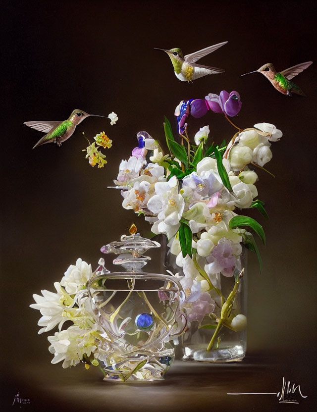 Transparent vase with white and purple flowers and hovering hummingbirds on dark background