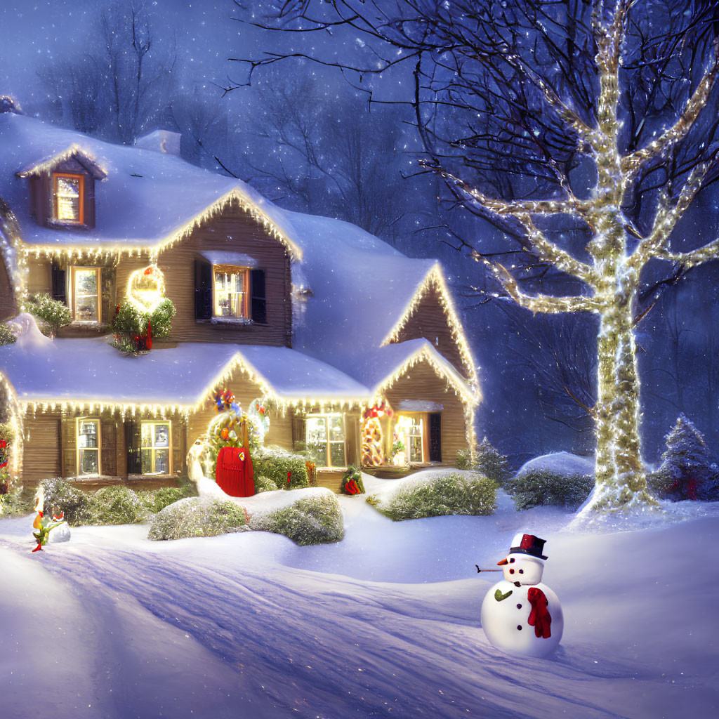 Snow-covered house with Christmas lights, snowman, and lit tree in winter scene
