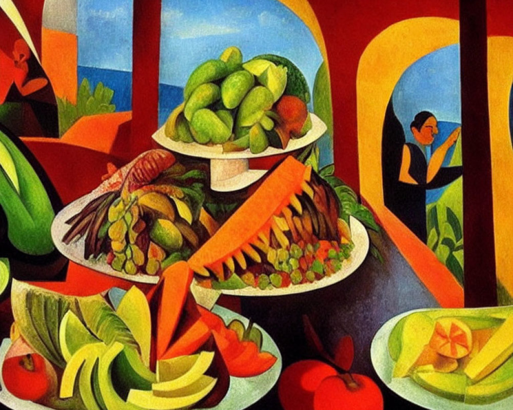 Vibrant painting with fruits, figure, and arches.