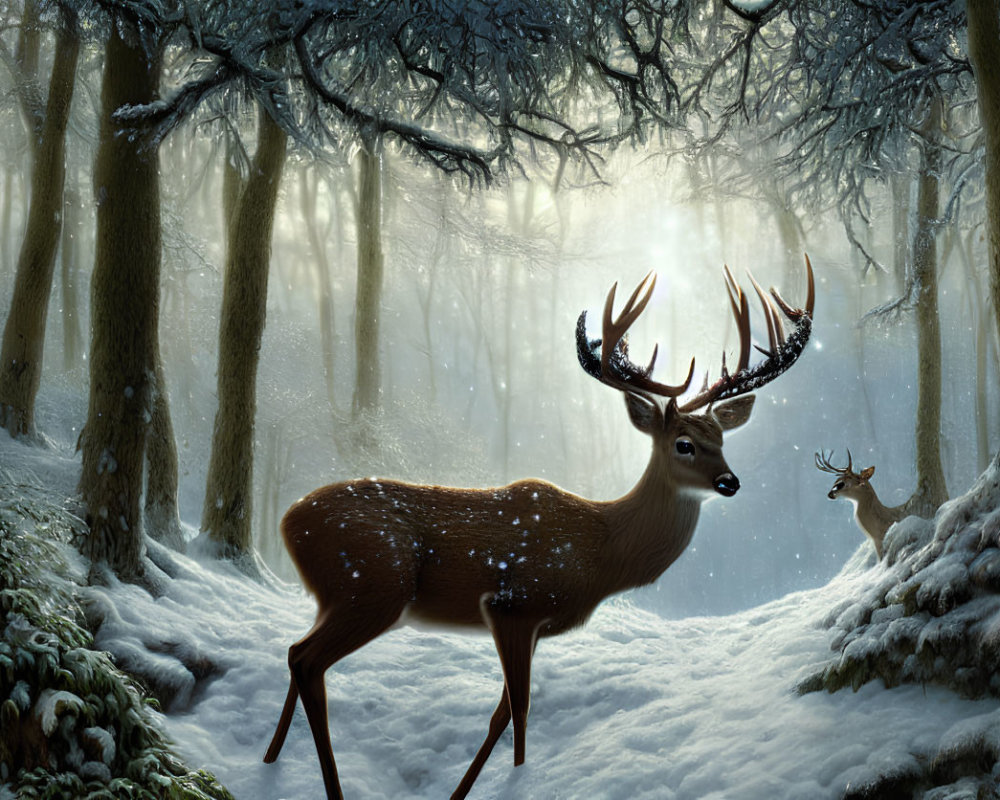 Majestic deer in snowy forest with sunlight filtering through trees