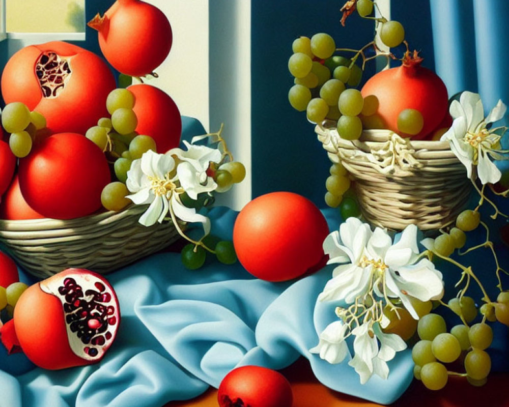 Classic Still Life Painting of Pomegranates, Grapes, Flowers, and Cloth