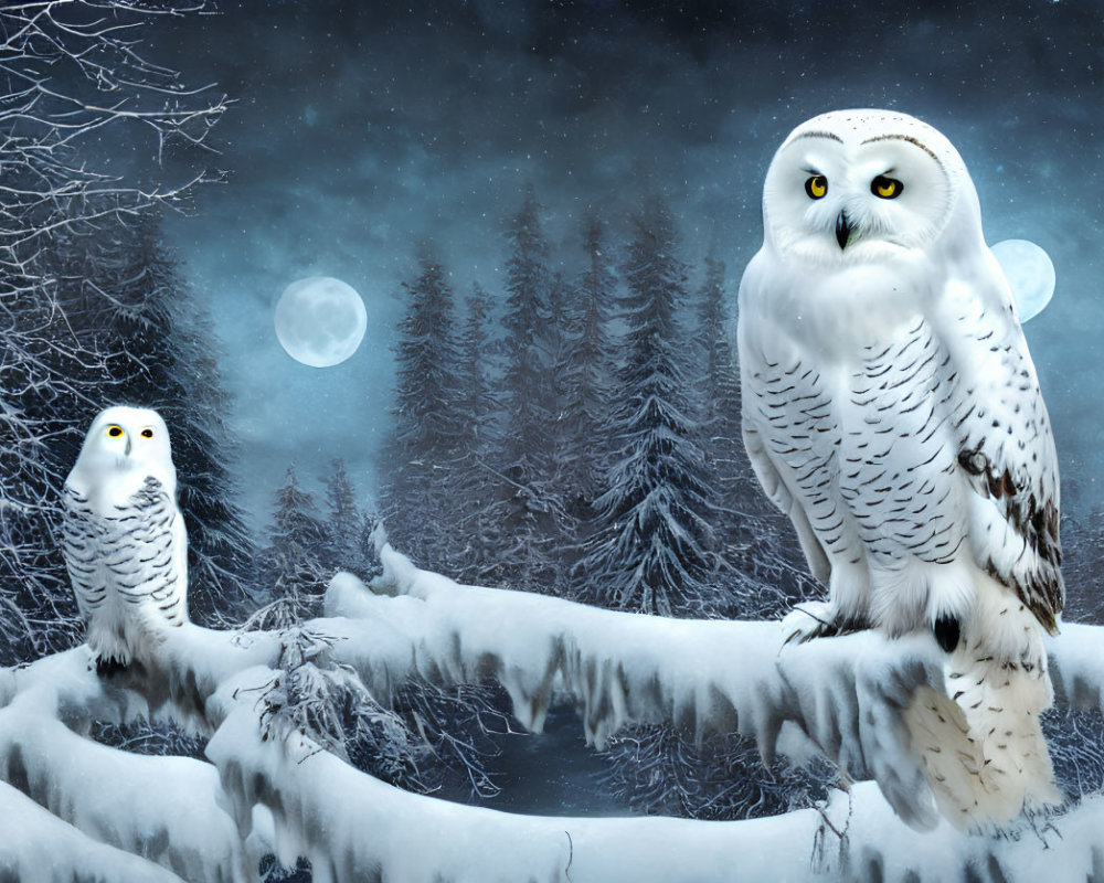 Snowy Owls Perched in Wintry Forest with Snow-Covered Trees and Two Moons