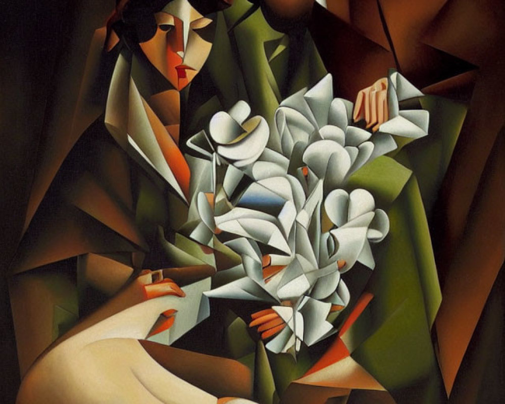 Cubist painting of figure with white flower bouquet