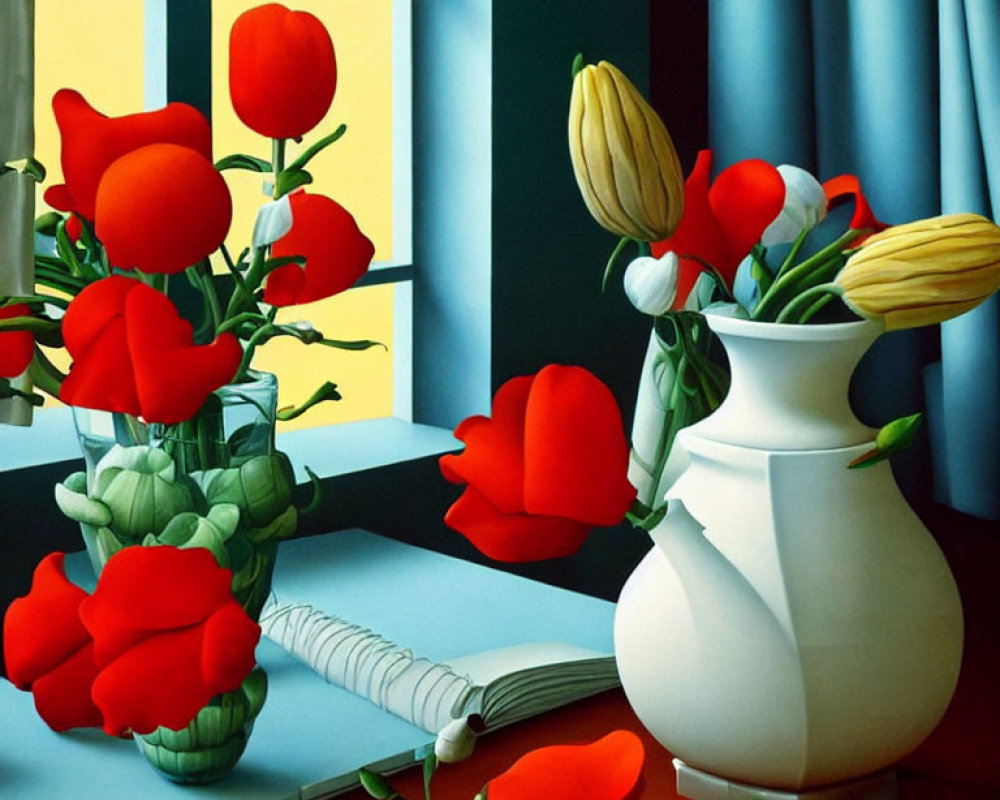 White Vase with Red Flowers Still-Life Painting and Open Book on Table