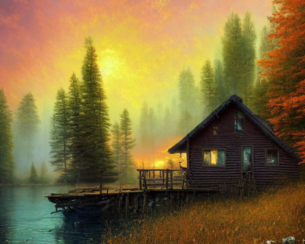 Serene Autumn Lake Cabin Surrounded by Colorful Trees