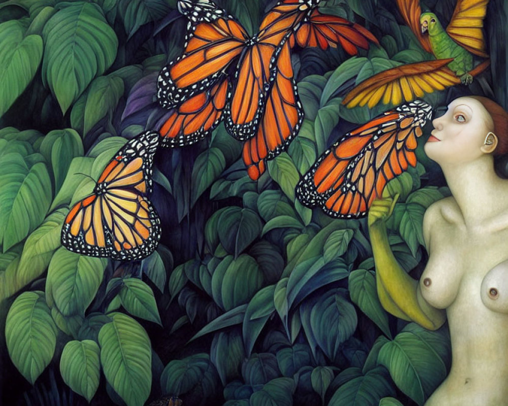 Surreal painting of woman with leaf hair in nature with butterflies and hummingbird