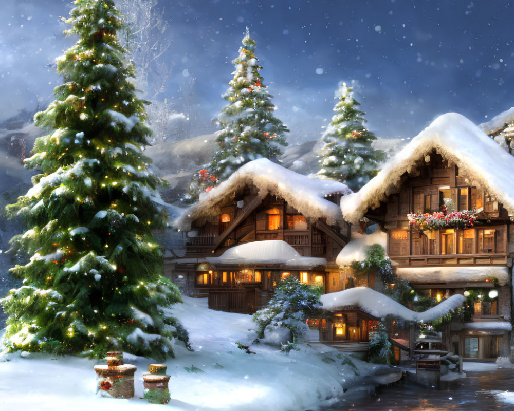 Snow-covered chalets and pine trees in serene winter night scene