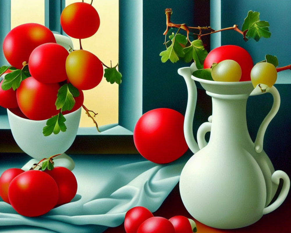 Colorful Still Life Painting of Red Tomatoes on Vine, White Pitcher, Blue Fabric, and