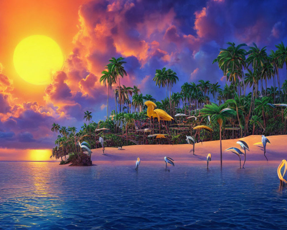 Tropical island with palm trees, flamingos, and pelicans at sunset