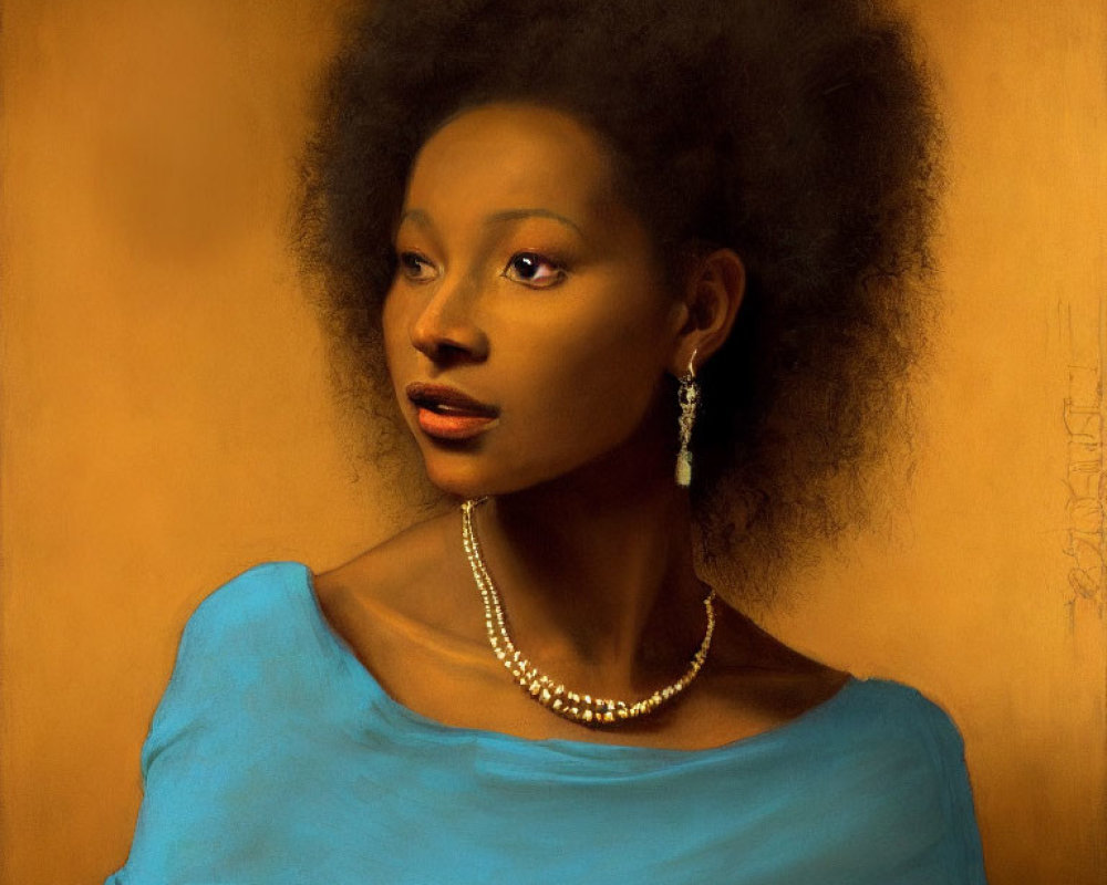 Portrait of woman with afro in blue top and pearls on gold backdrop