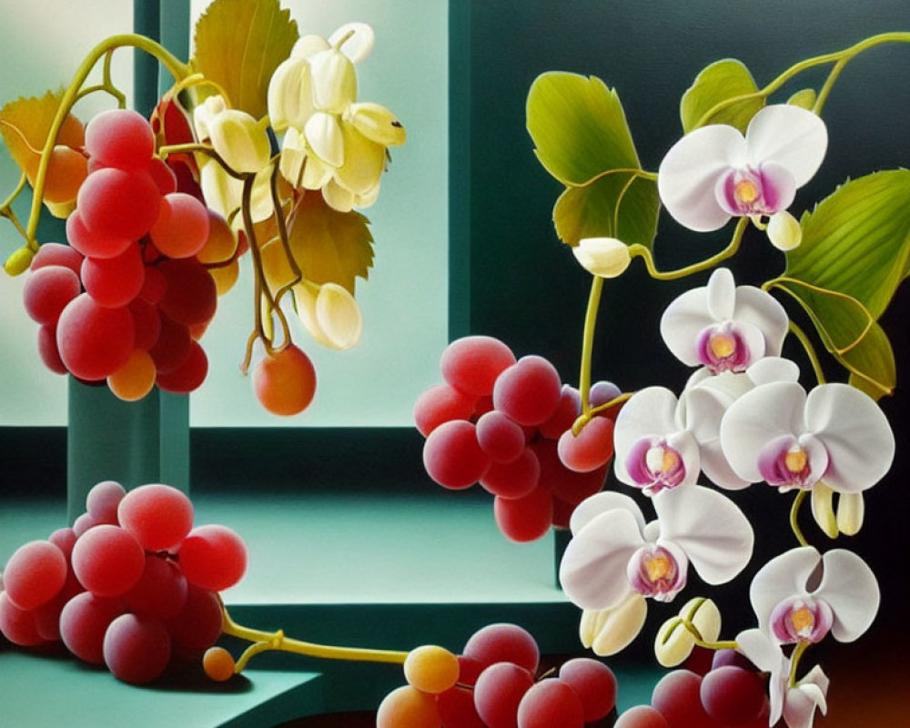 Colorful Still Life Painting of Red Grapes and White Orchids