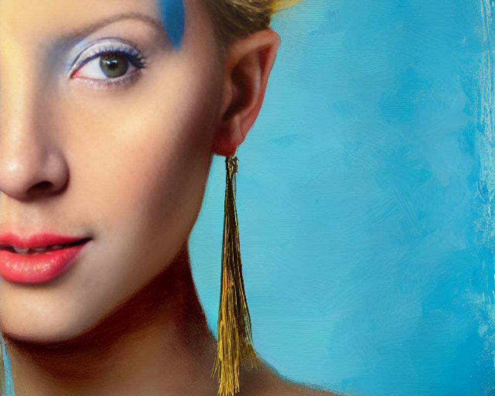 Portrait of a woman with blue eyeshadow, red lips, and gold tassel earring on