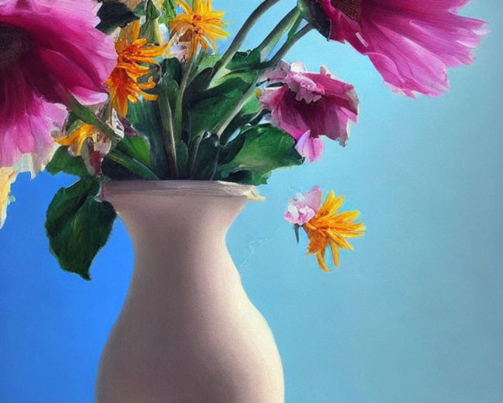 Colorful Flowers in White Vase Oil Painting on Blue Background