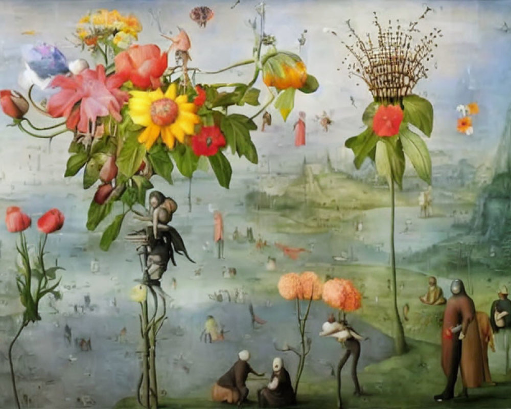Surrealistic painting of fantastical blooms and tiny human figures