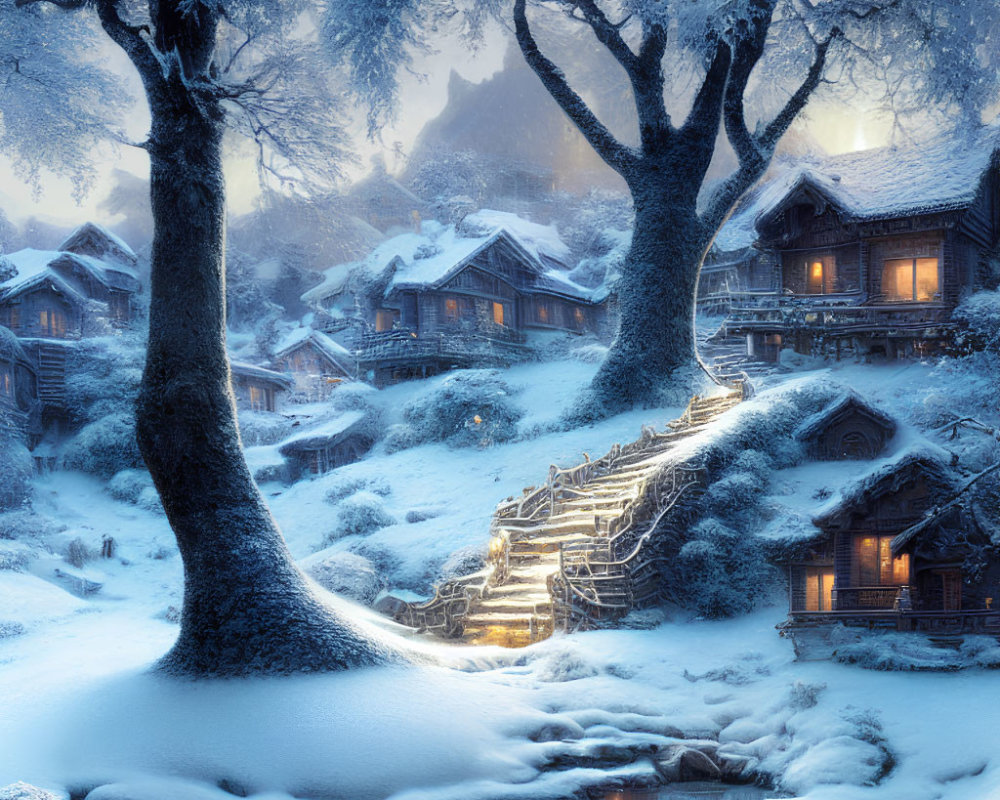 Snow-covered trees, traditional houses, and stone stairway in serene winter setting