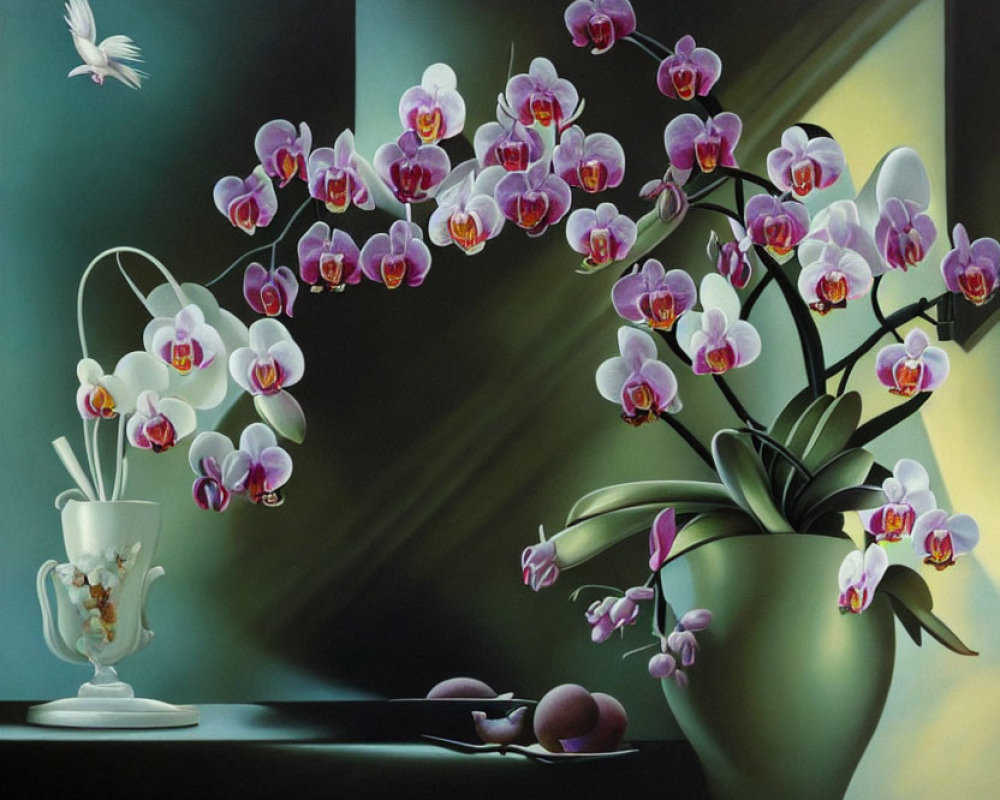 Vibrant purple and white orchids in a green pot with peach and cup on moody backdrop