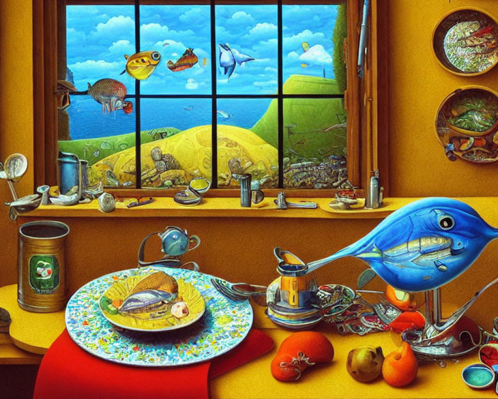 Vibrant surrealist painting of kitchen scene with anthropomorphic fish and blue bird.