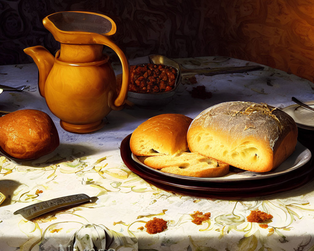 Still life with freshly baked bread, jug, nuts, and knife on table with floral cloth
