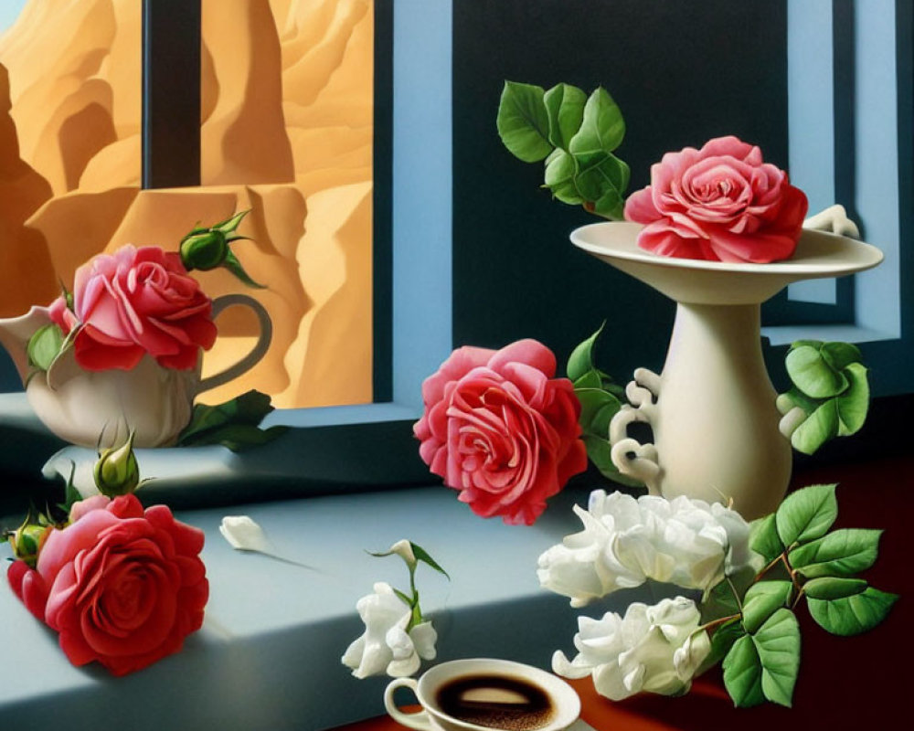 Vibrant red roses, white vase, coffee cup, desert backdrop in still life painting