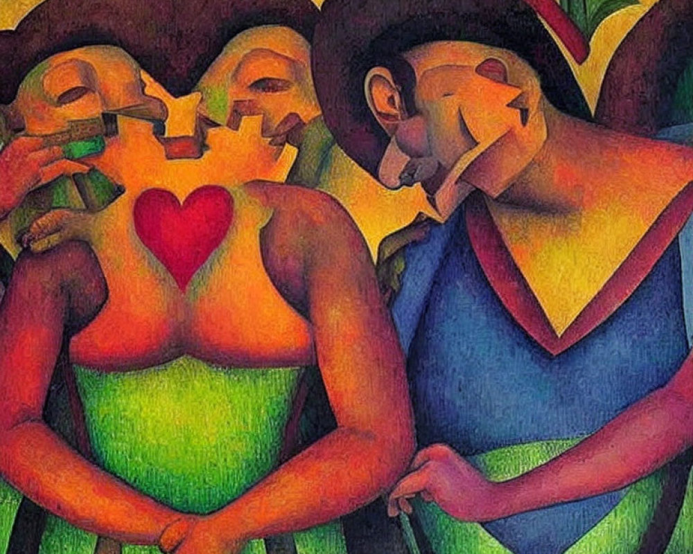 Vibrant painting of stylized couple with red heart in tropical setting