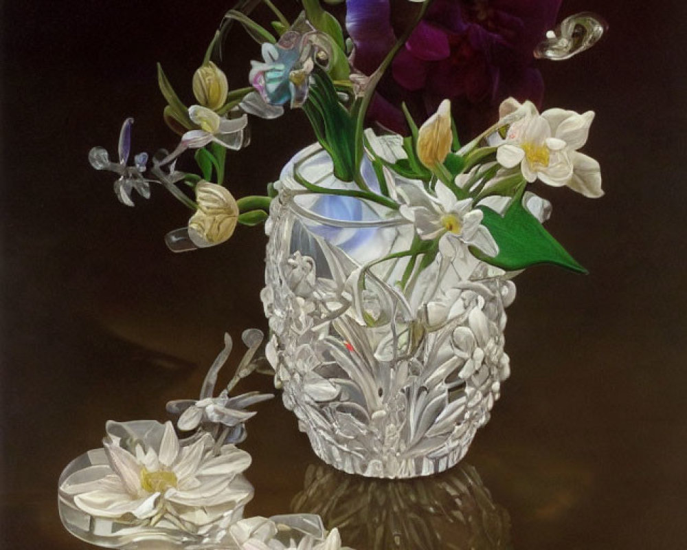 Crystal vase with purple and white flowers on reflective surface