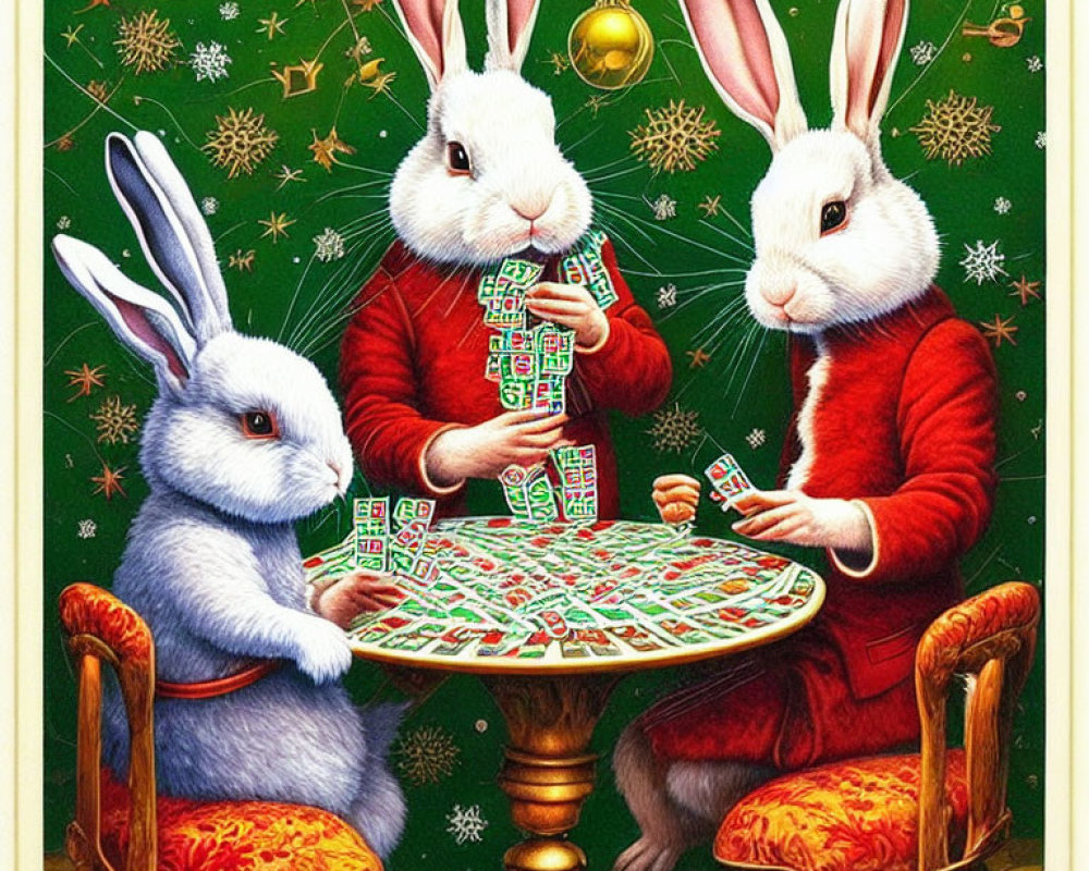 Three rabbits playing Mahjong in holiday-themed setting