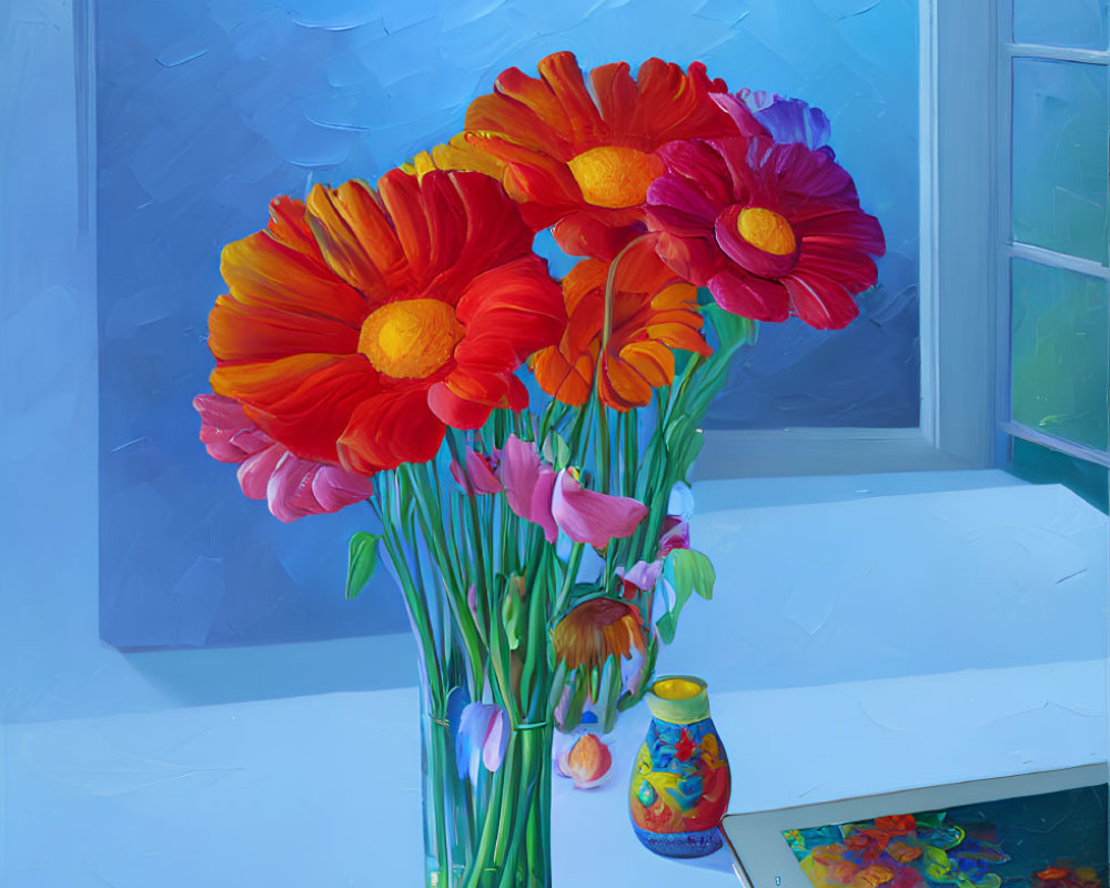 Colorful bouquet of red and orange flowers in a vase by a window